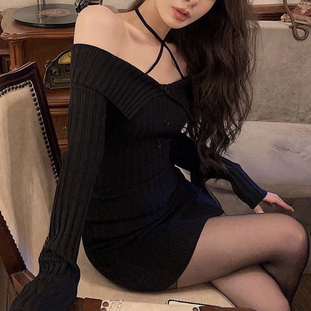 outfit inspo Autumn and Winter New Pure Desire Style Sexy off-Shoulder Halter off-the-Collarbone Slim Knit Long Sleeve Dress