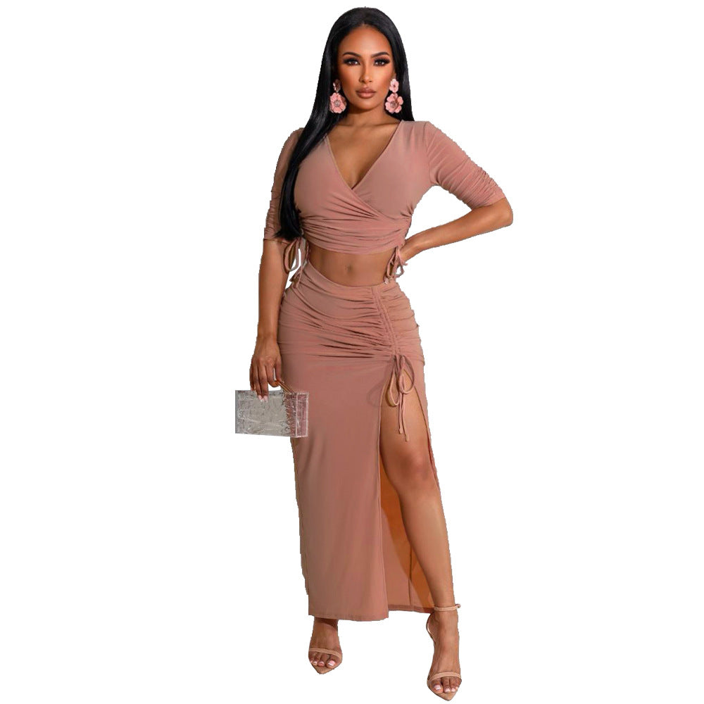 frat outfits Pleated V-neck T-shirt High Slit Drawstring Skirt Fashion Two-Piece Set