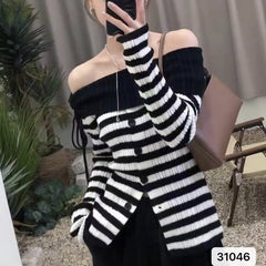 long sweater dress outfit Off-Neck Striped Pleated Sweater Women's Chic Slim Top Autumn Short Long Sleeve