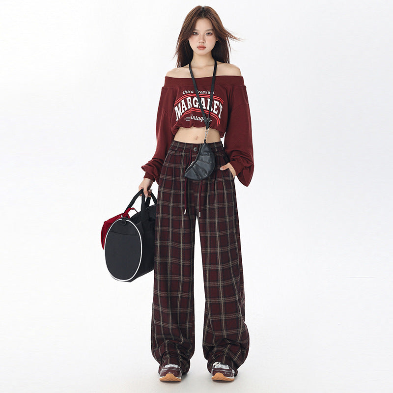 dream clothes Lazy Plaid Wide-Leg Casual Pants for Women Autumn High Waist Slimming Drawstring Fashionable Straight Pants