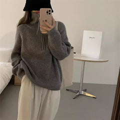 clothes Korean Style Half Zipper Sweater Women's Autumn and Winter New Style Pit Design Sense Stand Collar Soft Glutinous Loose Outer Wear Sweater Top