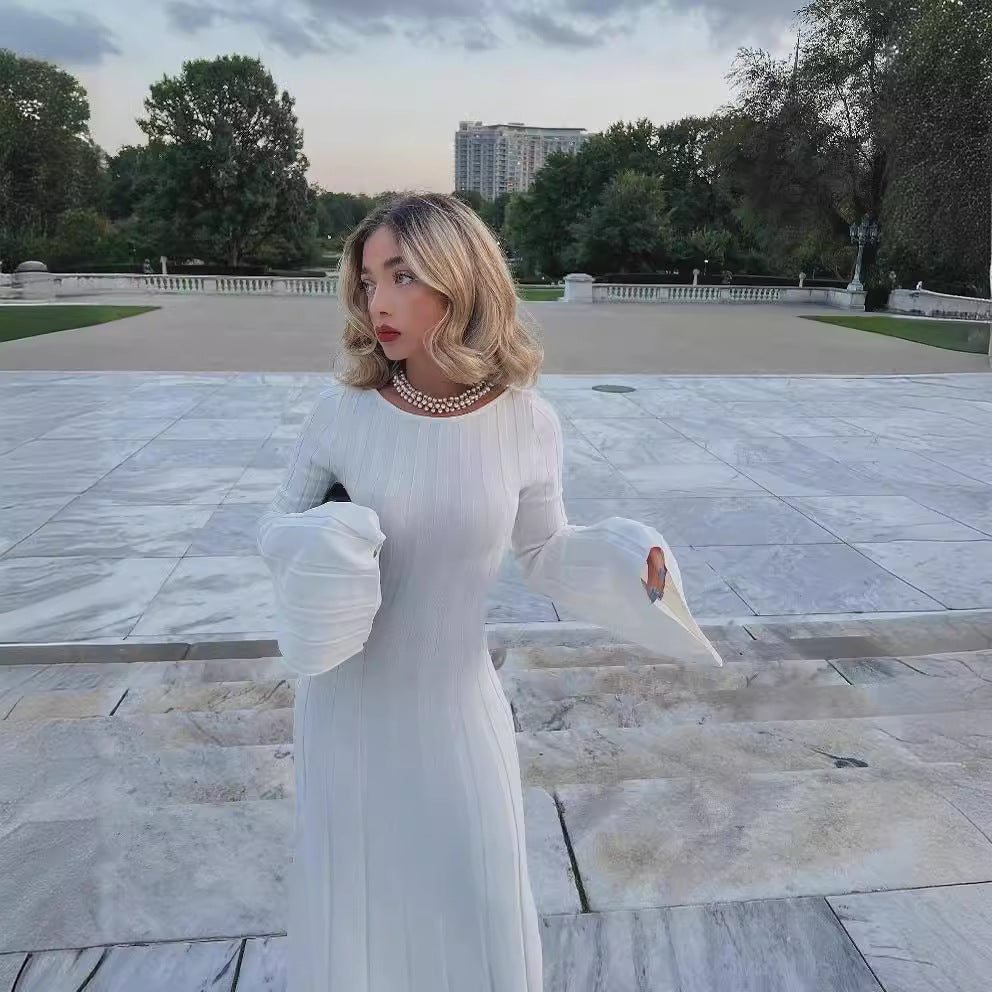 suit 3 Colors Autumn and Winter Dress Casual Cored Yarn Slimming round Neck Big Pit Strip Backless A- line Knitted Dress for Women