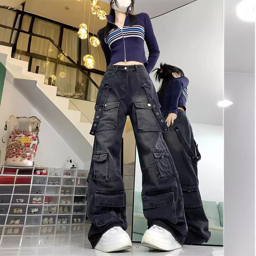 fashion outfits Multi-Pocket Workwear Jeans Wide Leg Loose Niche Washed Distressed Pants