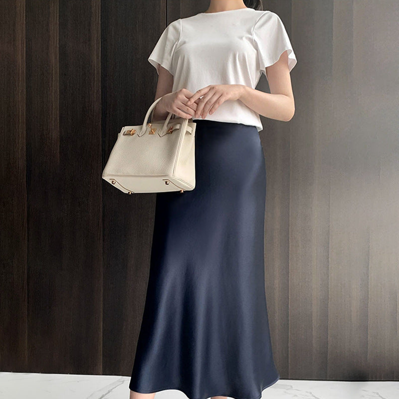 business casual outfits Satin Skirt Women's High Waist Acetate Sheath Fishtail A- line Skirt Summer Mid-Length Skirt