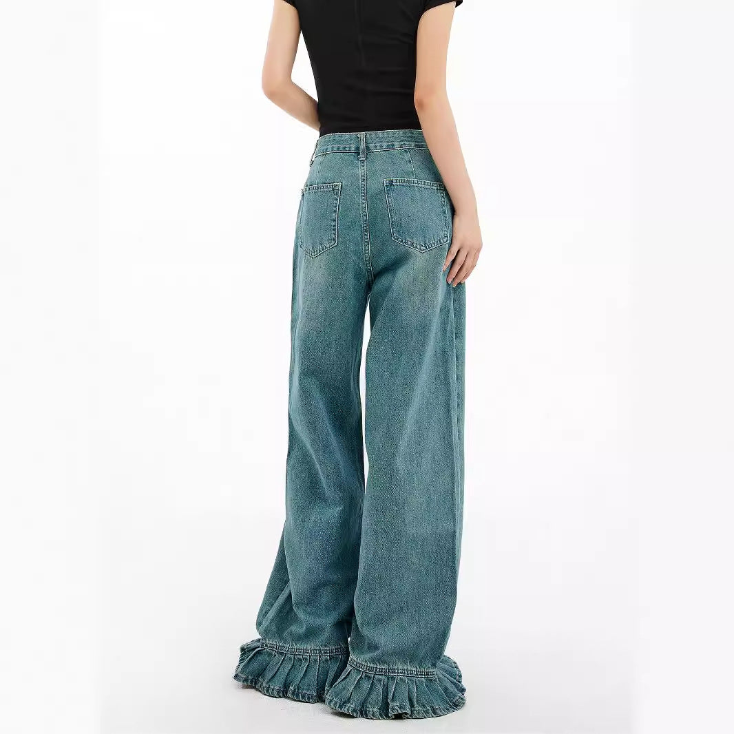 outfit inspo American Retro Jeans Women's Design Sense Niche Lace Loose Slimming Straight Mop Wide-Leg Pants