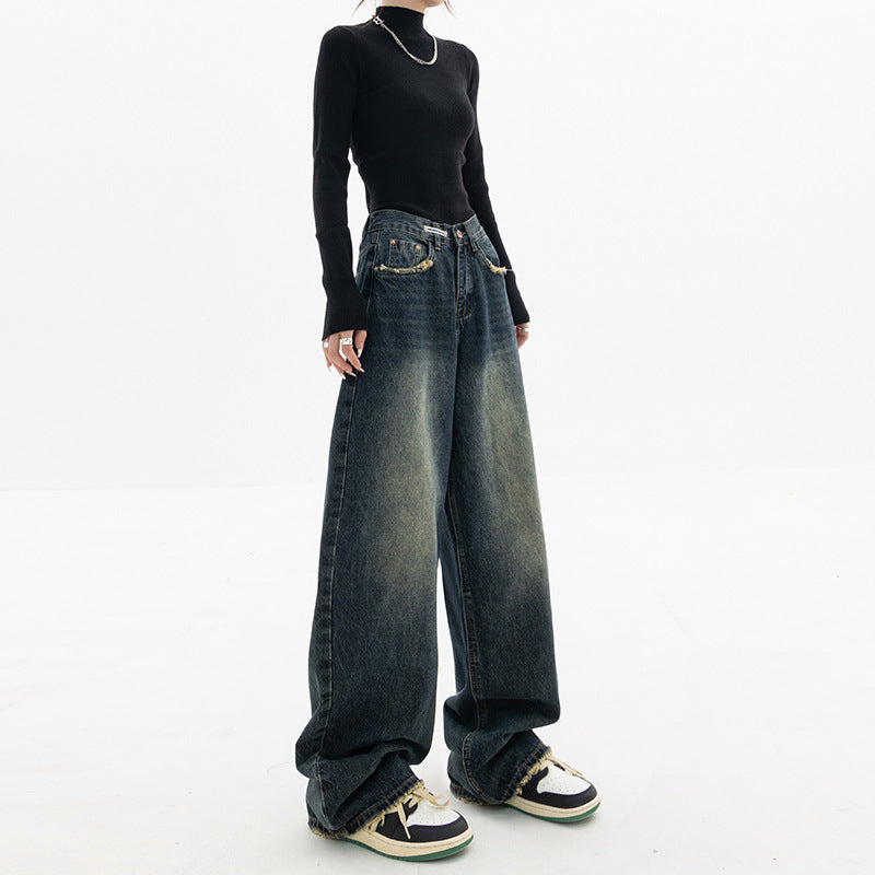 outfit ideas for school Women's Wide-Leg Jeans Autumn New Loose High Waist Draping Versatile Mopping Pants Pocket Dark Blue Straight Pants