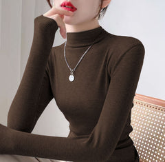 outfit inspo Deep Flower Gray Long-Sleeved T-shirt Women's Autumn and Winter Half Turtleneck Bottoming Shirt Inner Slim Thread Knitted Top 2024 New