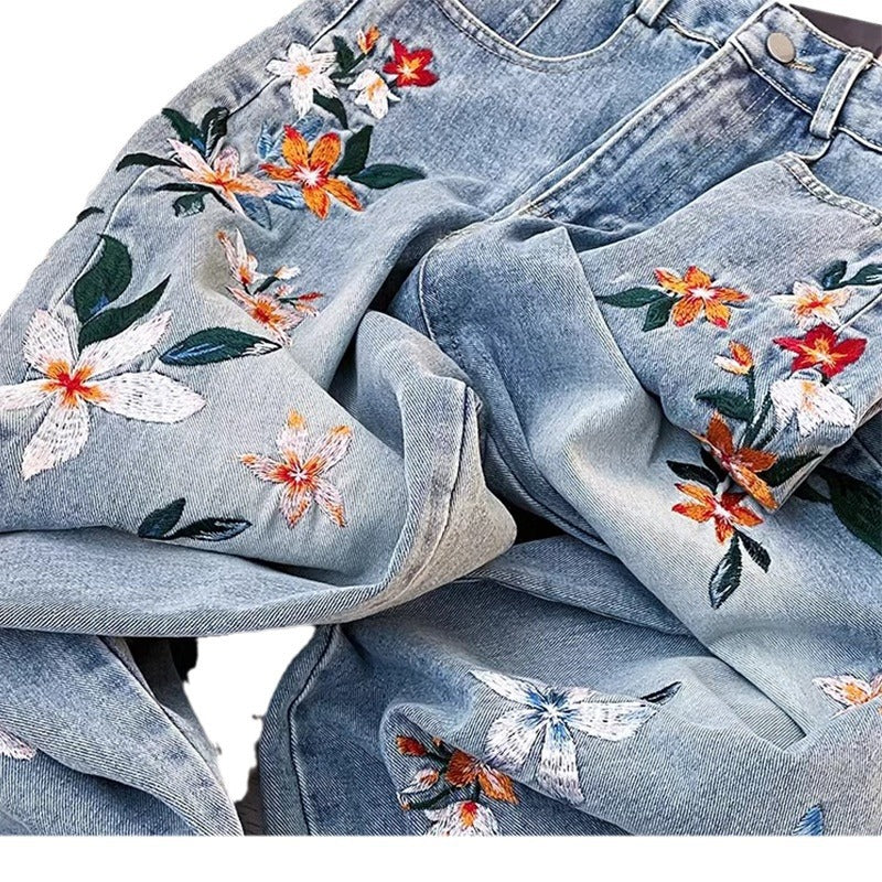 summer outfits inspo Spring New Embroidered Embroidered New Chinese Style Slimming Straight American Retro Jeans Women's Spring and Autumn Pants