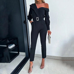 Summer Fashion Slant Shoulder Collar Waist Slim Solid Color Straight Jumpsuit for Women