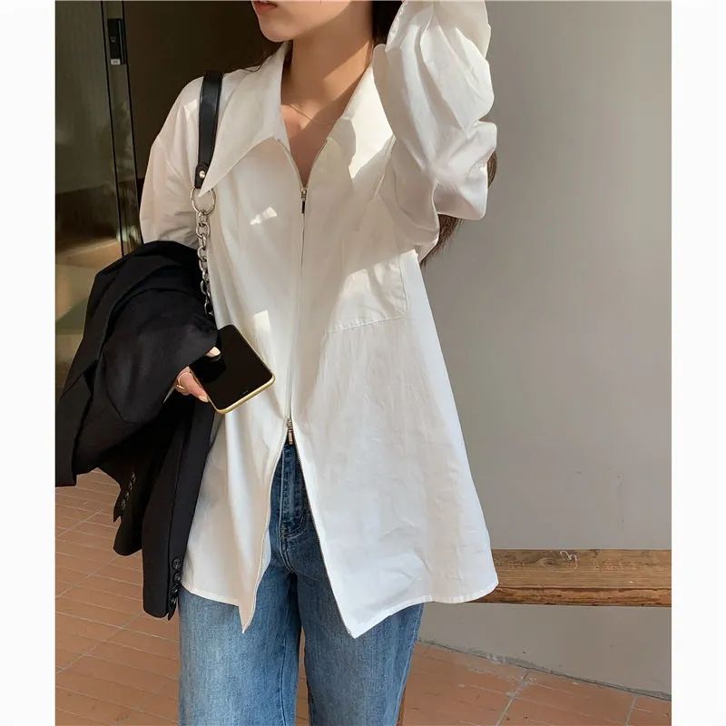 business casual outfits New High Design Large Lapel Zipper Shirt Pointed Collar Stacked Long Sleeve Shirt Lazy Style Blue Shirt for Women