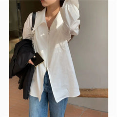 business casual outfits New High Design Large Lapel Zipper Shirt Pointed Collar Stacked Long Sleeve Shirt Lazy Style Blue Shirt for Women