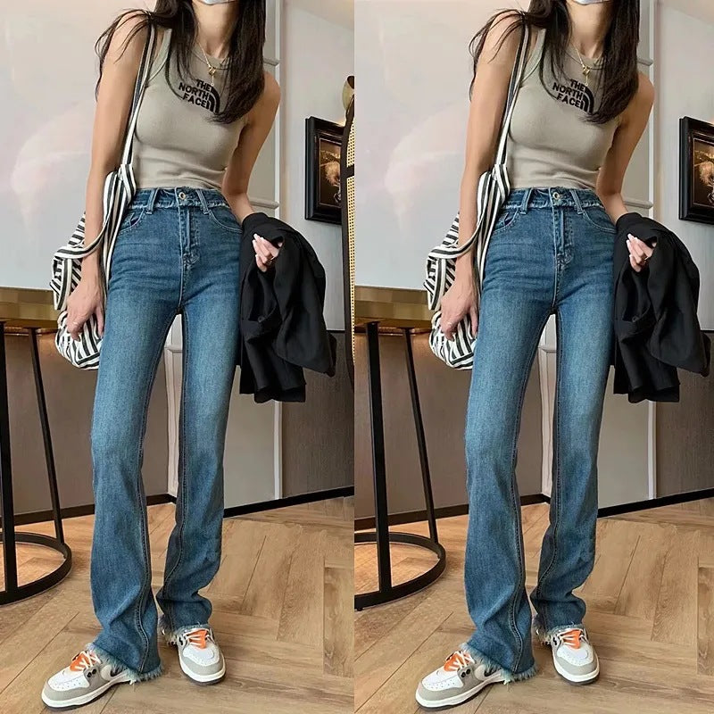 fall outfits women Korean Style Spring and Autumn New High Waist Slimming Jeans Design Tassel Stretch Micro Flared Pants All-Matching Trousers