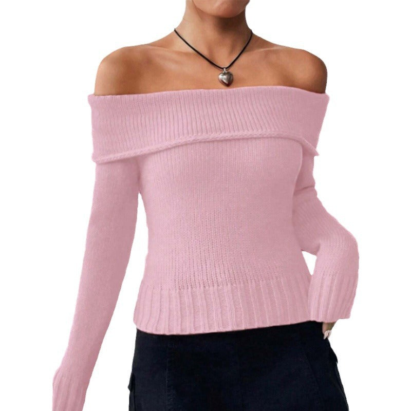 dream clothes off-Shoulder off-Shoulder Sweater Autumn and Winter Solid Color Thread Slim-Fit Long Sleeve Sweater