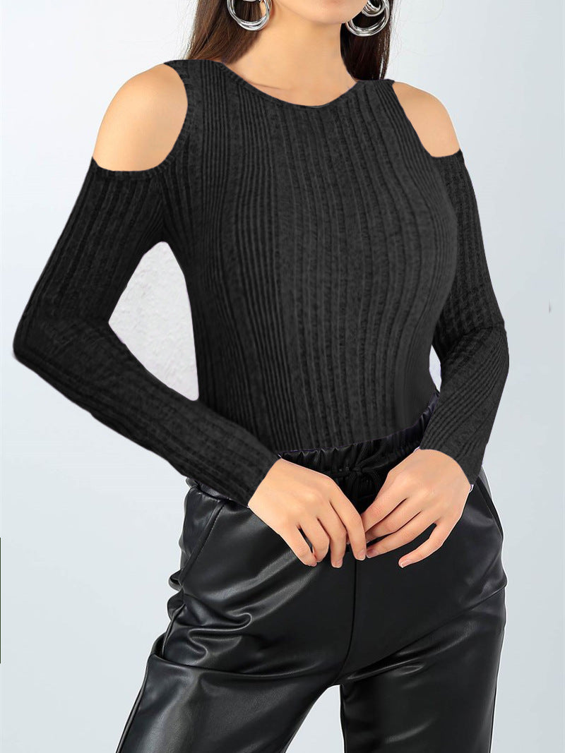 fall outfit Hollow-out Casual Simple Long-Sleeved Women's T-shirt Fashion round Neck Slim Fit Comfortable Daily Top Women