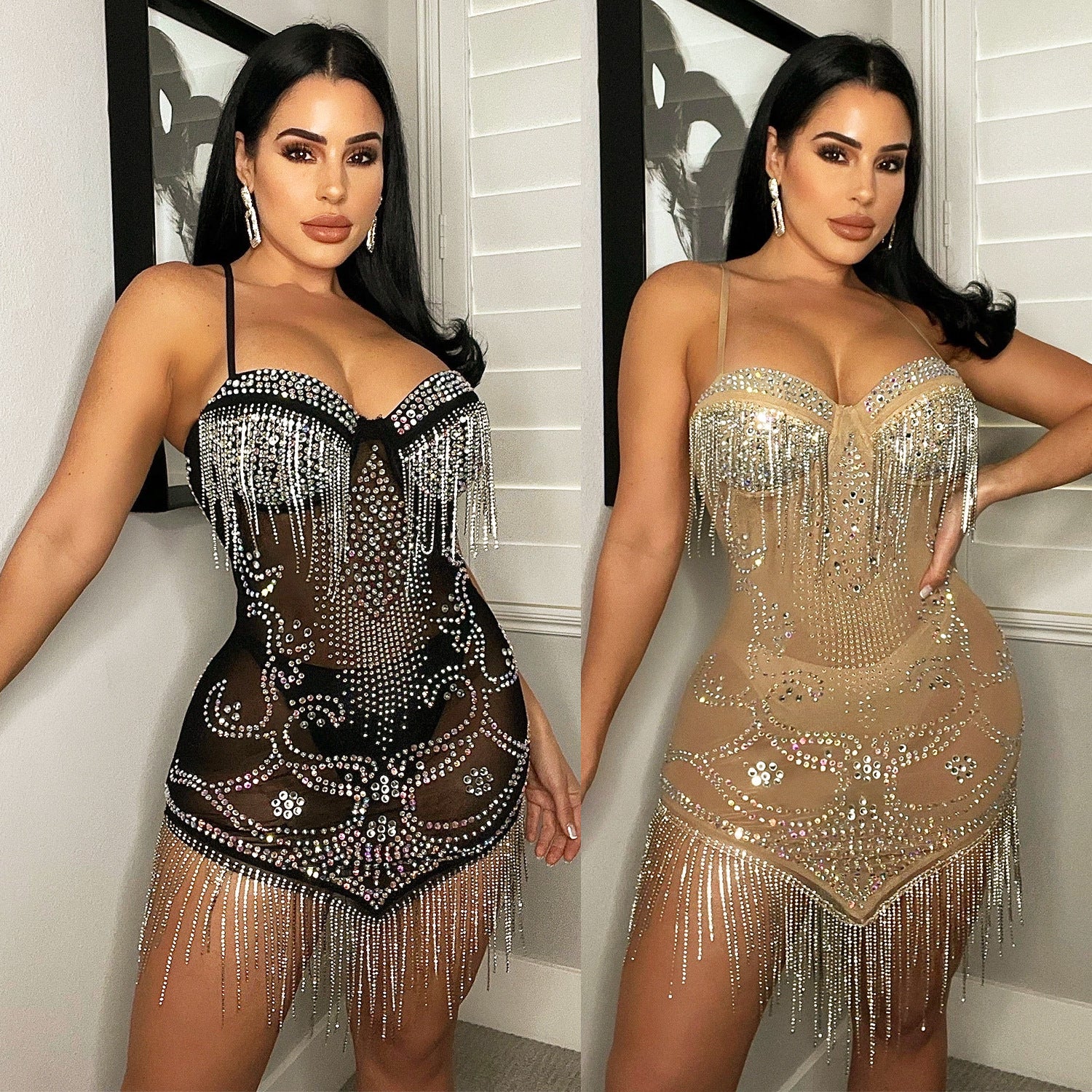 alien invasion dress to impress Summer New Women's Sexy Mesh Rhinestone Strap Tassel Dress Women