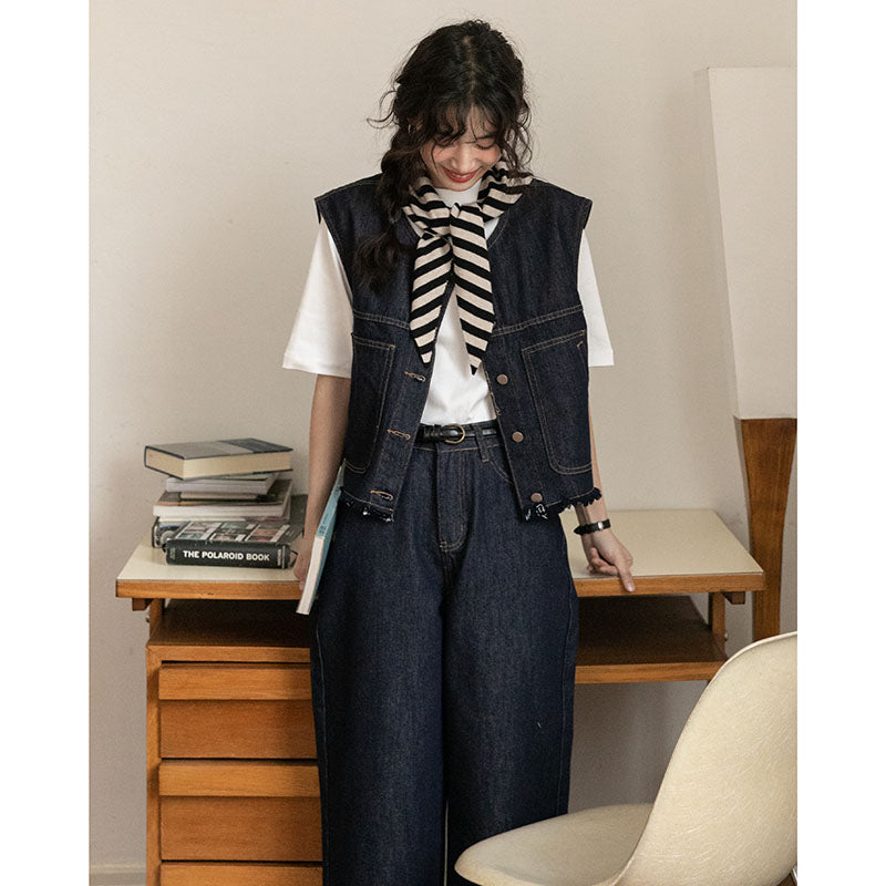 tailgate outfit black women Preppy Style Japanese Casual Denim Vest + Casual Straight Pants for Small Women Summer