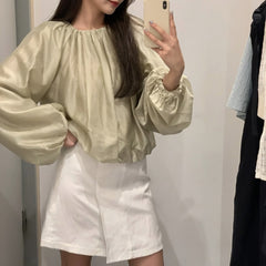 business casual outfits CS Style Women's Casual Pleated Satin Lantern Sleeve Top Summer