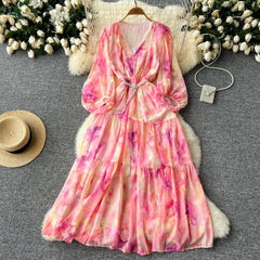 android vs cyberborg dress to impress French Elegant Elegant Dress Women's High-Grade Lantern Sleeve Waist Slimming V-neck Printed Ruffled Dress
