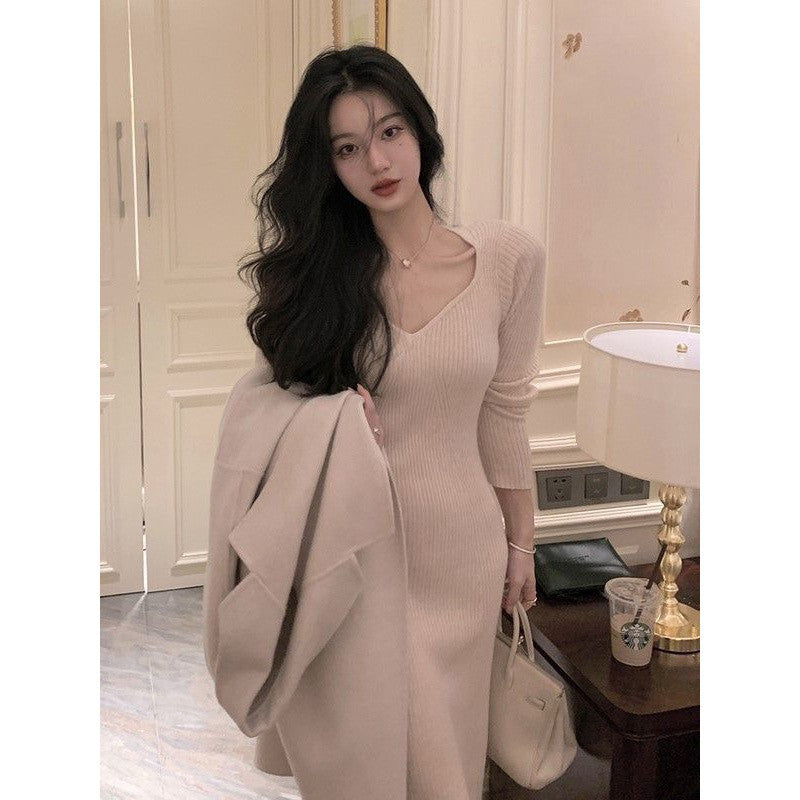 2000s fashion Gentle Hepburn Style Square Collar Knitted Dress Women's Autumn and Winter New Style with Overcoat Slim Fit Slimming Inner Sweater Dress