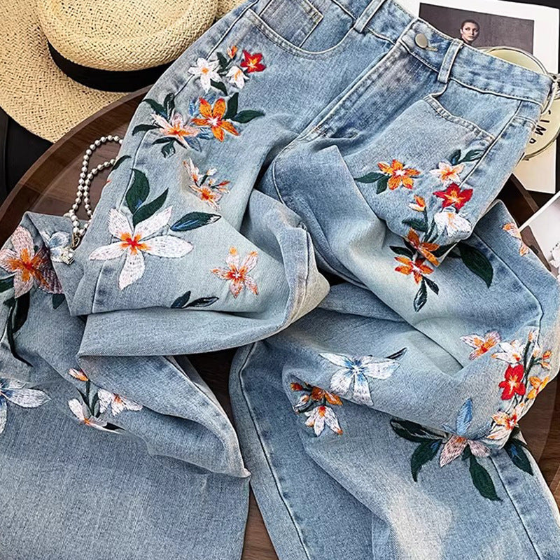 summer outfits inspo Spring New Embroidered Embroidered New Chinese Style Slimming Straight American Retro Jeans Women's Spring and Autumn Pants