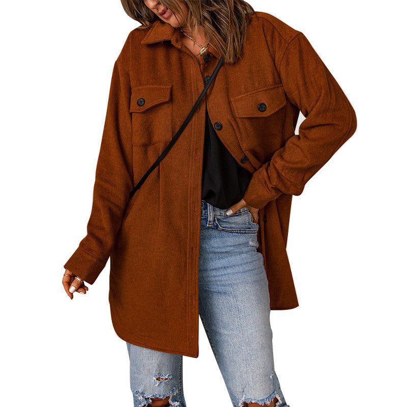 Corduroy Coat for Women Winter New Solid Color Single-Breasted Casual Lapel Woolen Coat for Women