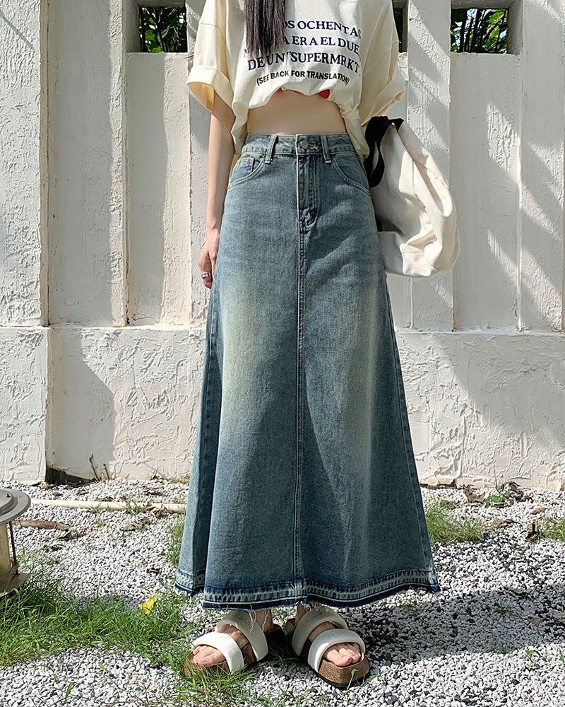 90s fashion Autumn New Women's Retro Frayed Denim Skirt High Waist Slimming A- line Large Swing Dress Sexy