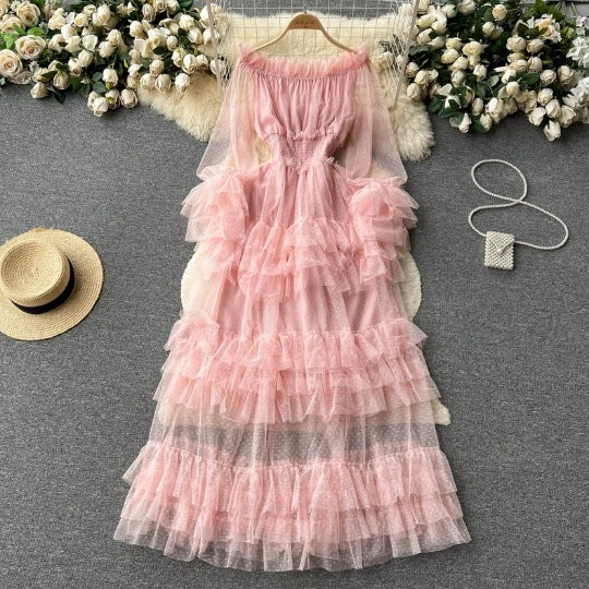 summer outfits inspo French Style High-Grade Ruffled Mesh Cake Dress Women's Waist Slimming Temperament off-Shoulder Super Fairy Long Skirt