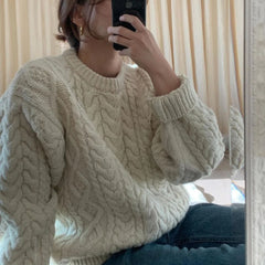 winter date night outfits Apricot Retro round Neck Pullover Sweater Loose Winter Thickened Thick Thread Twist Sweater Women's Clothing