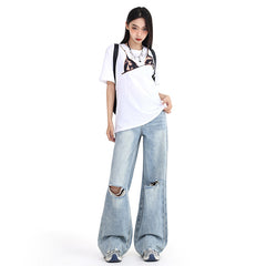 summer outfits inspo Spring and Summer New American Retro Loose Wide-Leg Pants Tassel Trendy Cool Straight Ripped Jeans for Women Jeans