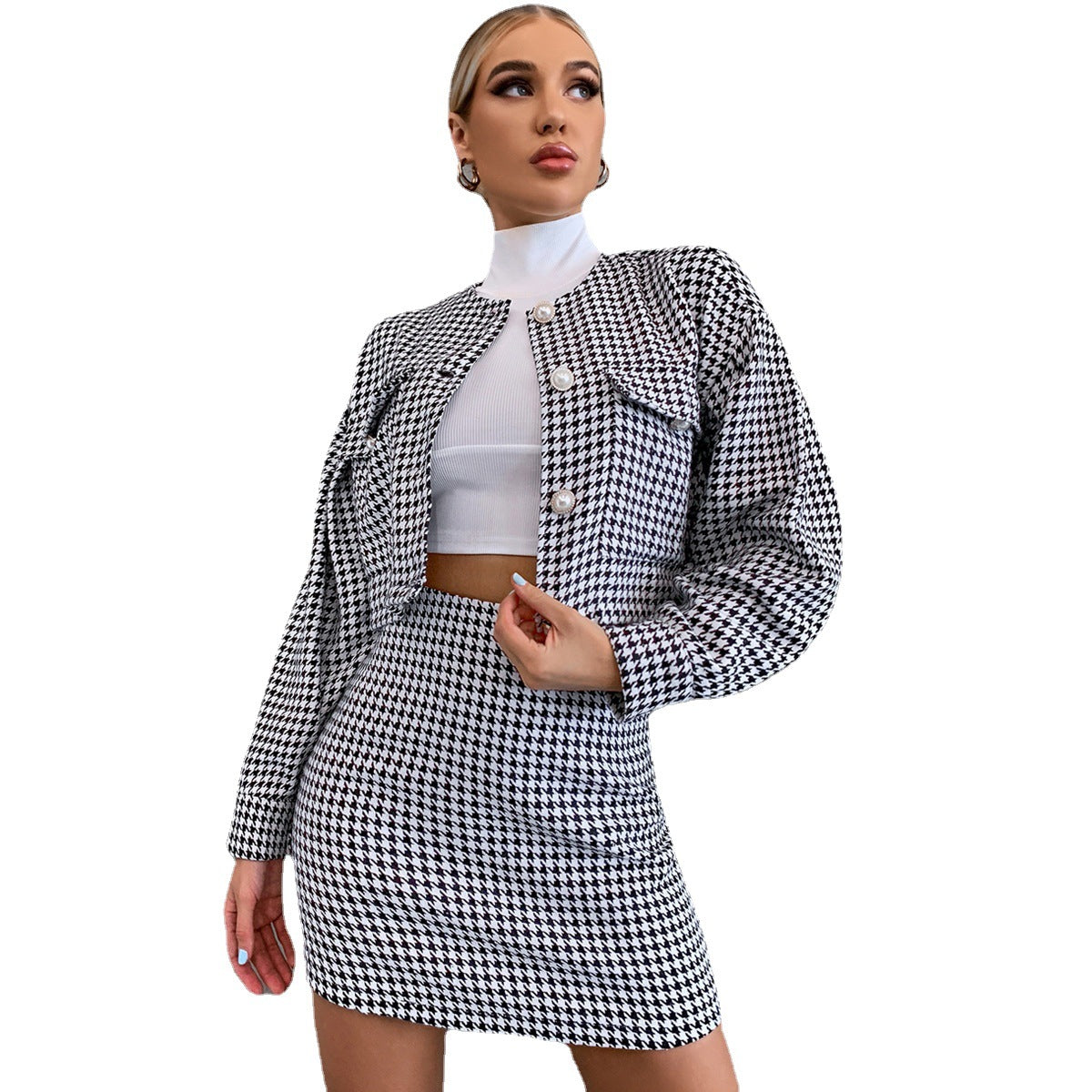 fashion outfits Casual Fashion Suit Short Long Sleeve Single-Breasted Top High Waist Hip Skirt Sports Two-Piece Set