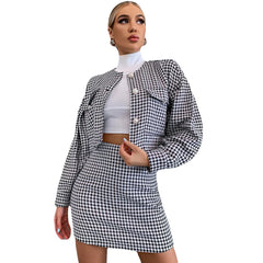 fashion outfits Casual Fashion Suit Short Long Sleeve Single-Breasted Top High Waist Hip Skirt Sports Two-Piece Set