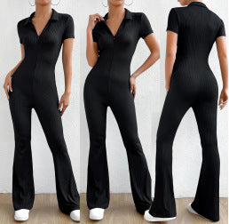 dream clothes Women's Long-Sleeved Zipper Jumpsuit Shirt Collar Hip Lifting Slim-Fit Sexy Flared Trousers Jumpsuit