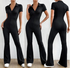 dream clothes Women's Long-Sleeved Zipper Jumpsuit Shirt Collar Hip Lifting Slim-Fit Sexy Flared Trousers Jumpsuit