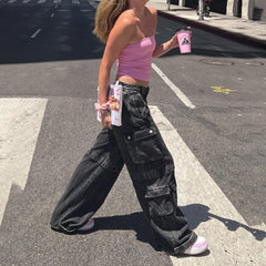 grunge outfits Street Loose Denim Pairs of Pocket Workwear Style Retro Washing Heavy Industry Low Waist Hot Girl Trousers Women Straight