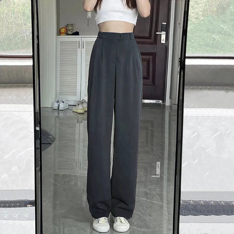 buisness casual women outfits chic Gray Wide-Leg Pants for Women Spring and Summer High Waist Draping Loose Straight Mop Pants Slim Casual Suit Pants