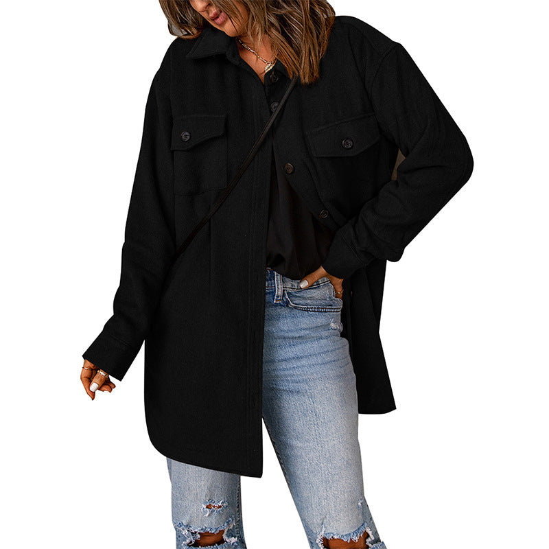 Corduroy Coat for Women Winter New Solid Color Single-Breasted Casual Lapel Woolen Coat for Women