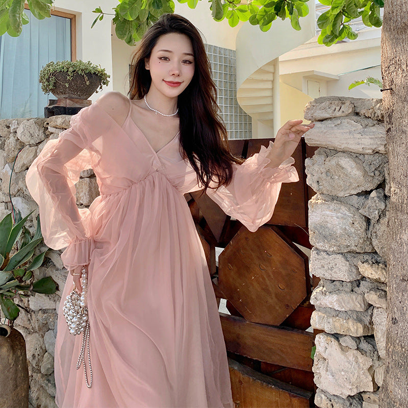 detective vs suspect dress to impress French Style Sexy High-Grade Strap Pink Mori Fairy Dress Sanya Seaside Vacation Photography Beach Dress for Women