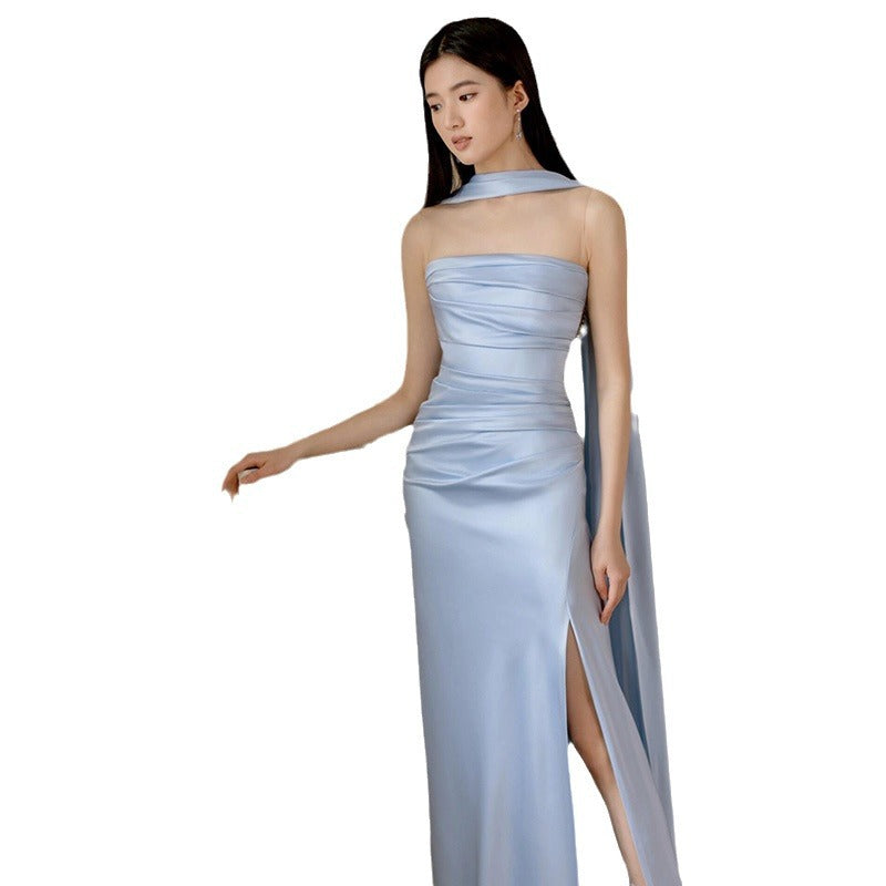 cherry blossom dress to impress Blue Evening Dress for Women New French Tube Top Engagement Dress Dinner Bridal Morning Gown