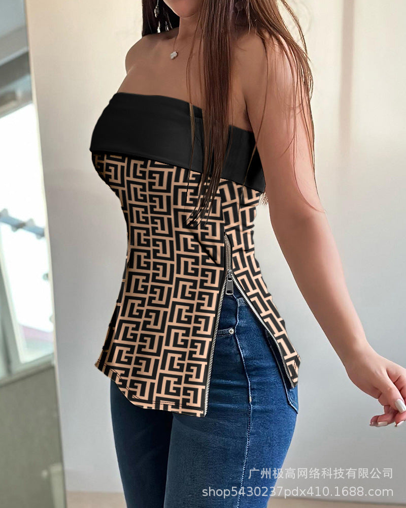 going out outfits Women's New White Apricot Sexy Side Slit Tube Top