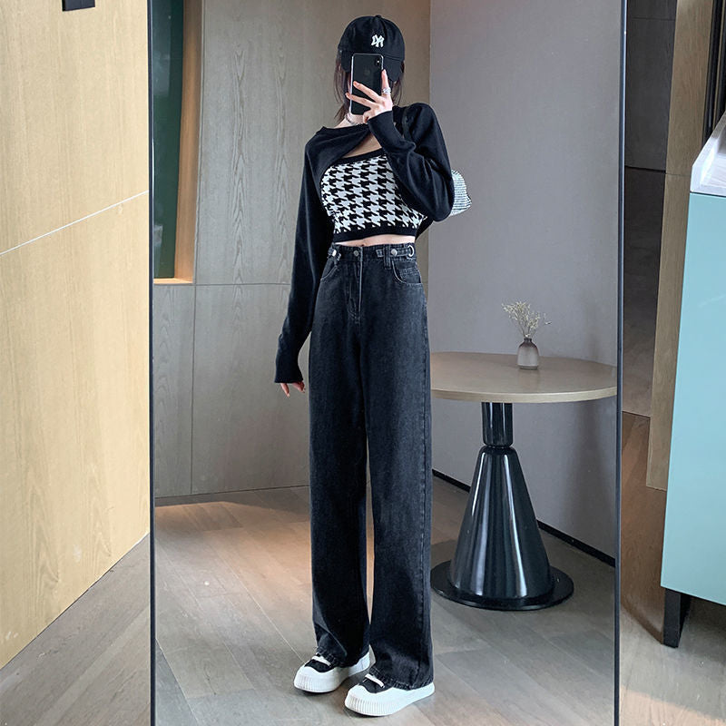 casual fall outfits High Waist Wide Leg Jeans for Women Spring and Autumn Slimming Draping Loose Straight Lengthened Mopping Pants