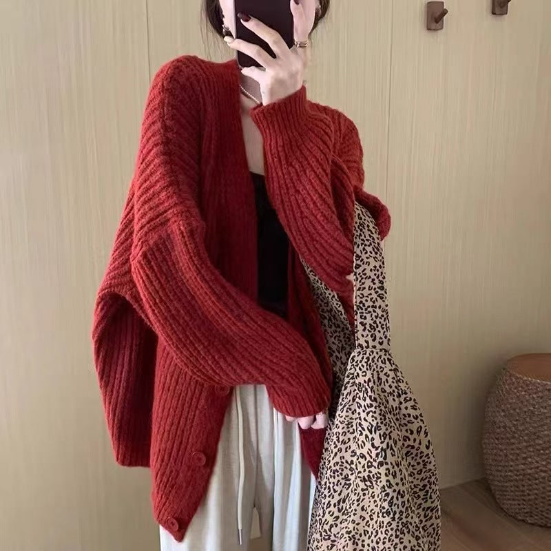 fall outfits women Gentle Pink V-neck Sweater Cardigan Women's Loose Sweet Knitted Lazy Style Coat