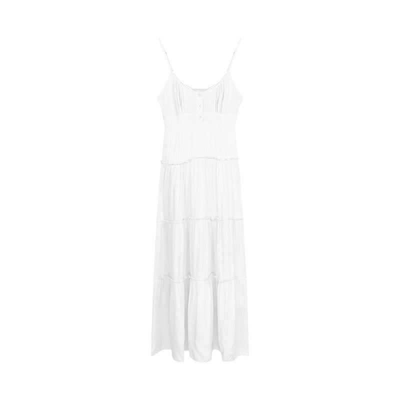 church outfit Pink Strap Dress Women's Summer New Tight Waist Skirt Small French Gentle Style A- line Dress Long Skirt