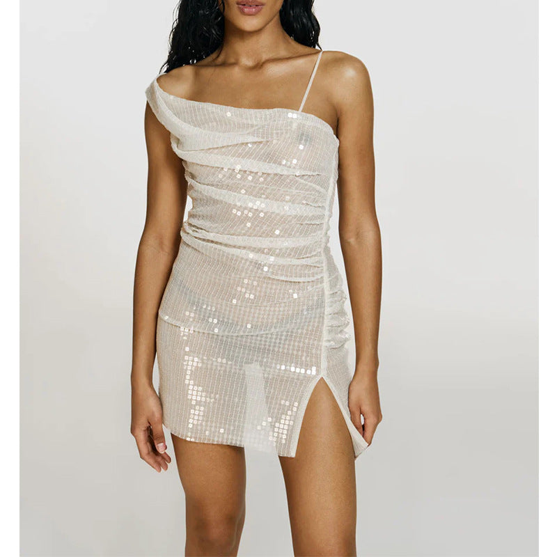 divine being dress to impress Women's Slant Shoulder Strap Short Skirt See-through Sexy Backless Sequins Dress