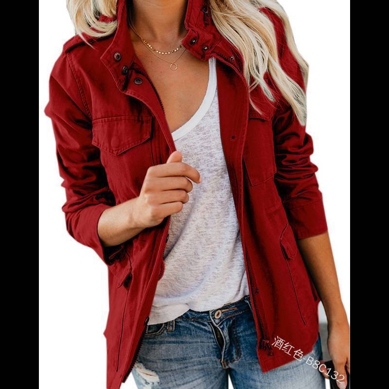 masculine men Outside Spring and Autumn Slim Fashion Hipster Solid Color Loose Zipper Multi-Pocket Jacket Women's Coat
