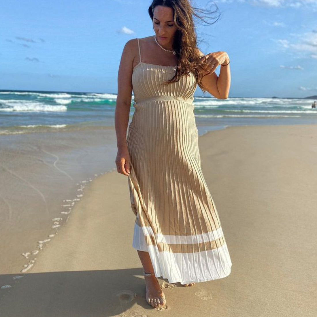outfit inspo fall Summer Women's Tube Top Slim High Waist Sling Knitted Dress Seaside Vacation Pleated Dress