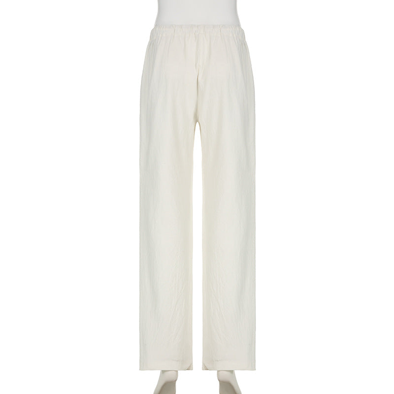 Bxoxo Cotton Linen White Pants Basic Drawstring Low Waist Wide Leg Pants Casual Y2K Clothes For Summer Trousers