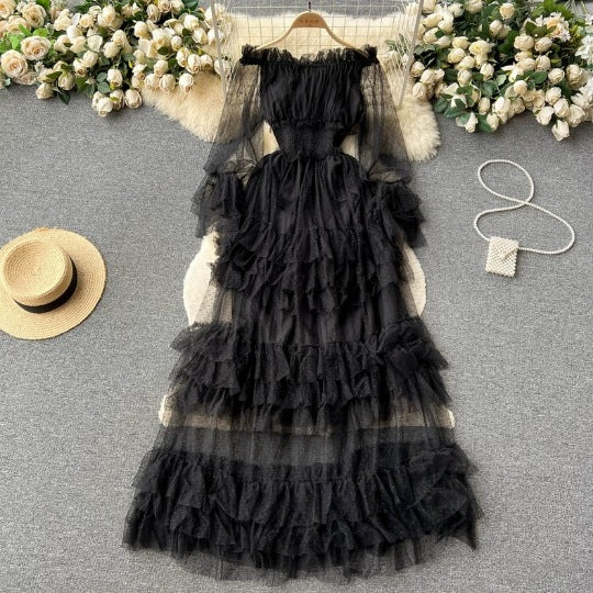 summer outfits inspo French Style High-Grade Ruffled Mesh Cake Dress Women's Waist Slimming Temperament off-Shoulder Super Fairy Long Skirt