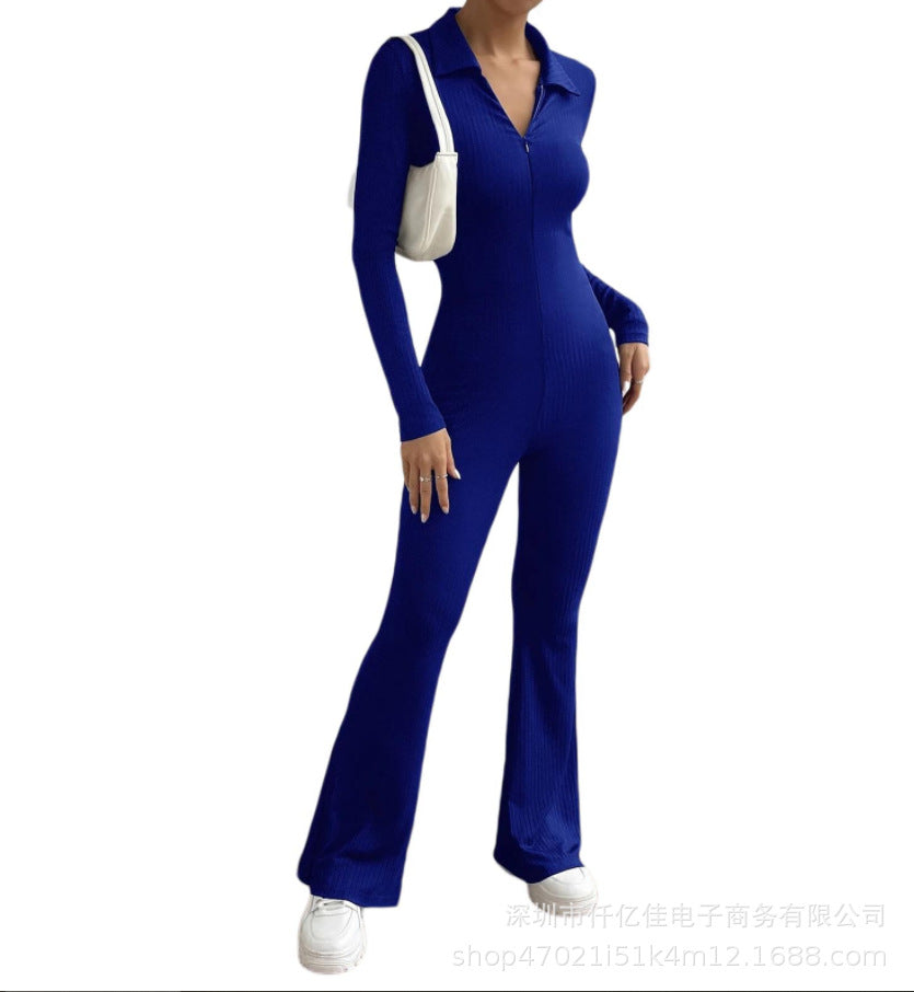 dream clothes Women's Long-Sleeved Zipper Jumpsuit Shirt Collar Hip Lifting Slim-Fit Sexy Flared Trousers Jumpsuit
