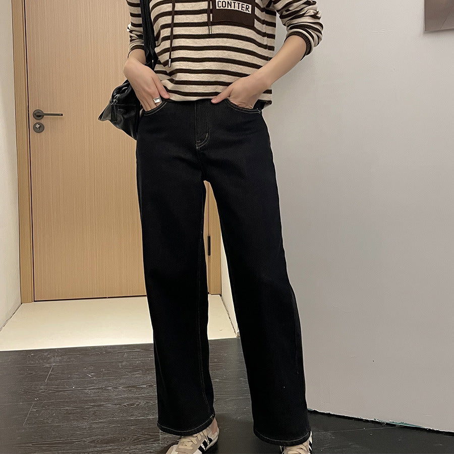 tailgate outfit black women Black High Waist Jeans Winter Loose Slimming Flocking Warm Wide Leg Pants