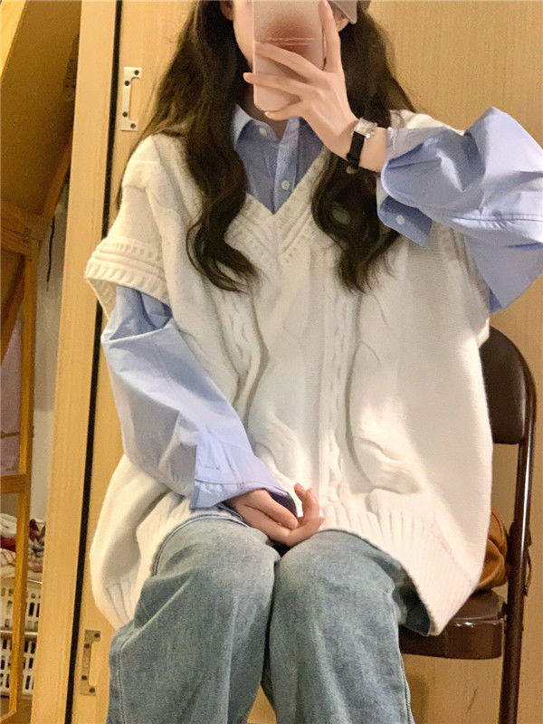 outfit inspo fall Two-Piece College Style Long Sleeve Blue Shirt + White V-neck Stacked Twist Knitted Vest for Female Students